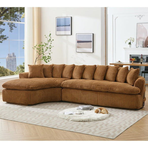 English Elm [new Arrived] Large Curved L-shape Sectional Sofa Corduroy Upholstered with Ten Back Cushions Brown W2108S00121