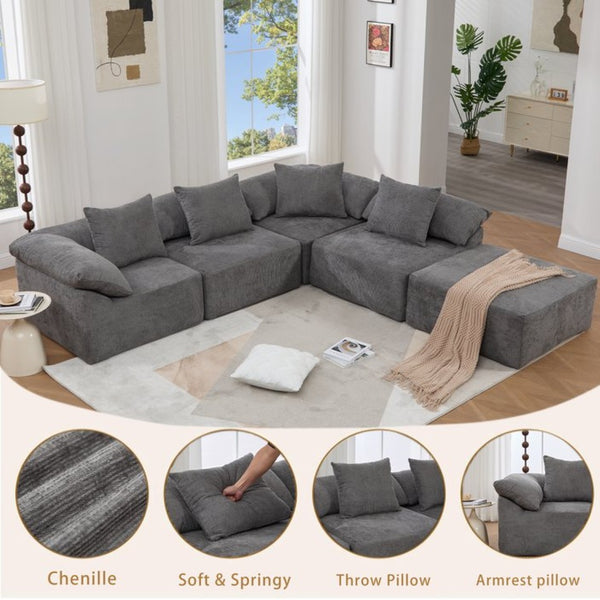 English Elm [new Arrived] Five Piece Chenille Modular Sectional with Sleeper Ottoman for Living Room Dark Gray W2108S00123