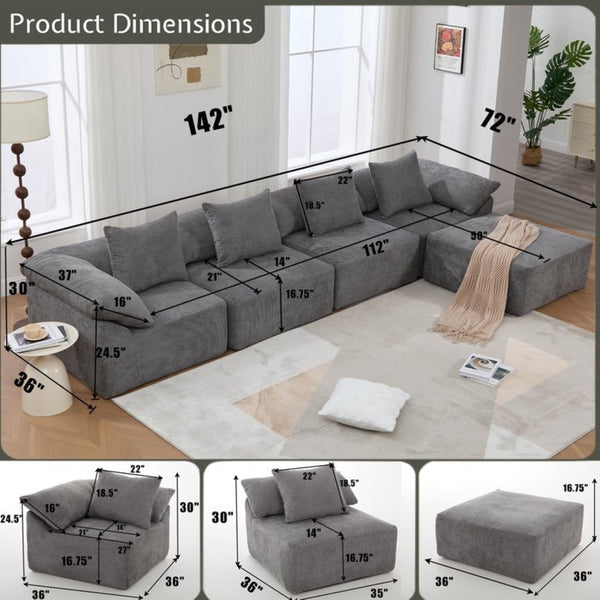 English Elm [new Arrived] Five Piece Chenille Modular Sectional with Sleeper Ottoman for Living Room Dark Gray W2108S00123