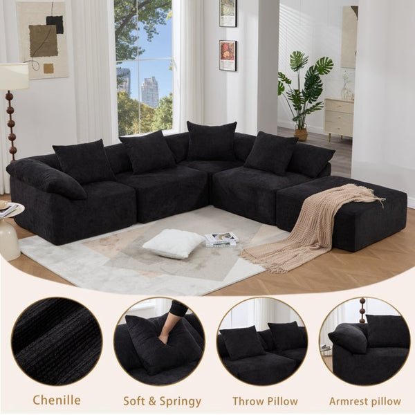 English Elm [new Arrived] Five Piece Chenille Modular Sectional with Sleeper Ottoman for Living Room Black W2108S00124