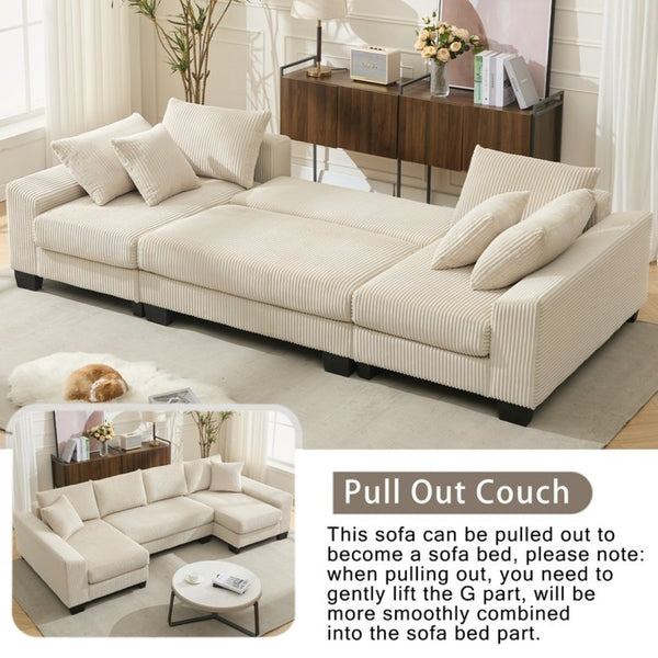 English Elm [new Arrived] 114 Inch U Shaped Corduroy Sleeper Sectional with Pull Out Bed for Living Room W2108S00125