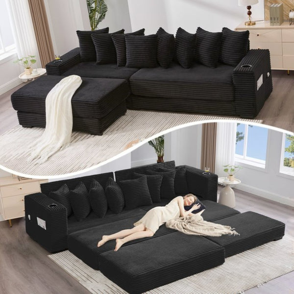 English Elm [new Arrived] Corduroy Modular Sectional Sofa with Sleeper Function Footstool and Cup Holders Black W2108S00128