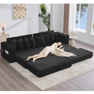English Elm [new Arrived] Corduroy Modular Sectional Sofa with Sleeper Function Footstool and Cup Holders Black W2108S00128