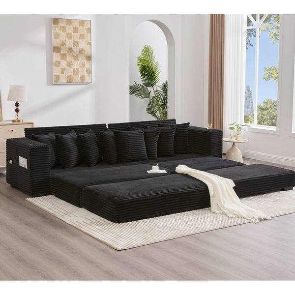 English Elm [new Arrived] Corduroy Modular Sectional Sofa with Sleeper Function Footstool and Cup Holders Black W2108S00128