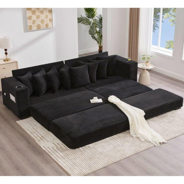English Elm [new Arrived] Corduroy Modular Sectional Sofa with Sleeper Function Footstool and Cup Holders Black W2108S00128