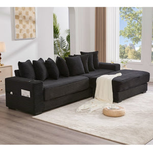 English Elm [new Arrived] Corduroy Modular Sectional Sofa with Sleeper Function Footstool and Cup Holders Black W2108S00128