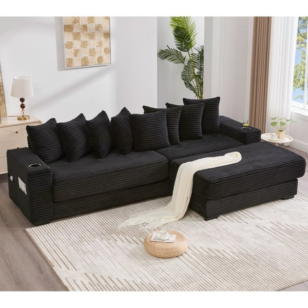 English Elm [new Arrived] Corduroy Modular Sectional Sofa with Sleeper Function Footstool and Cup Holders Black W2108S00128