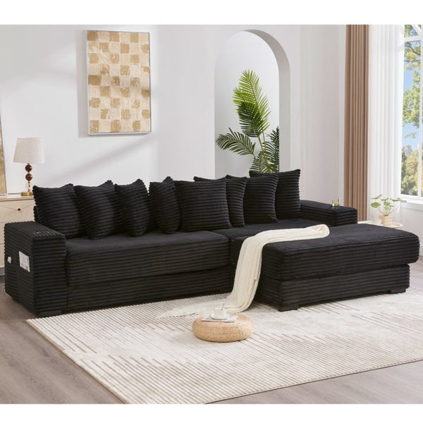 English Elm [new Arrived] Corduroy Modular Sectional Sofa with Sleeper Function Footstool and Cup Holders Black W2108S00128