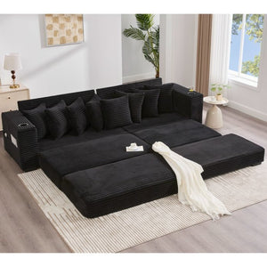 English Elm [new Arrived] Corduroy Modular Sectional Sofa with Sleeper Function Footstool and Cup Holders Black W2108S00128