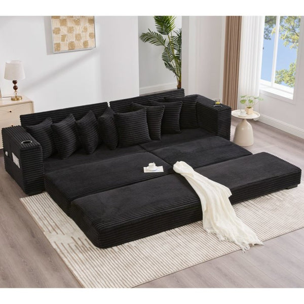 English Elm [new Arrived] Corduroy Modular Sectional Sofa with Sleeper Function Footstool and Cup Holders Black W2108S00128