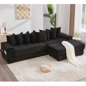 English Elm [new Arrived] Corduroy Modular Sectional Sofa with Sleeper Function Footstool and Cup Holders Black W2108S00128
