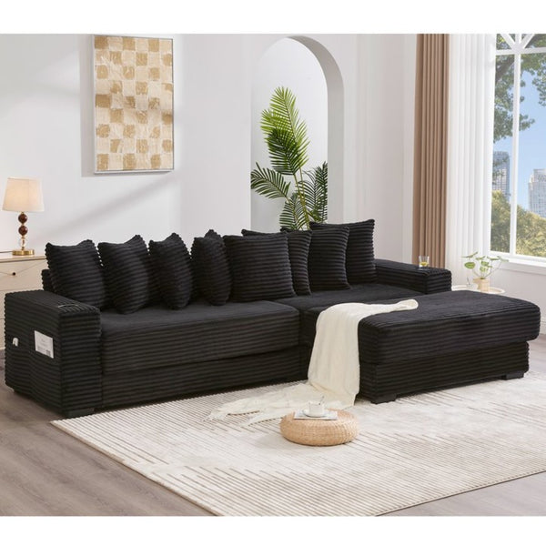 English Elm [new Arrived] Corduroy Modular Sectional Sofa with Sleeper Function Footstool and Cup Holders Black W2108S00128