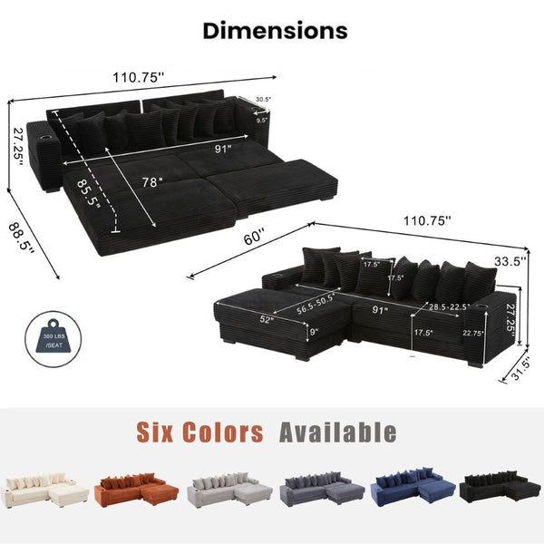 English Elm [new Arrived] Corduroy Modular Sectional Sofa with Sleeper Function Footstool and Cup Holders Black W2108S00128