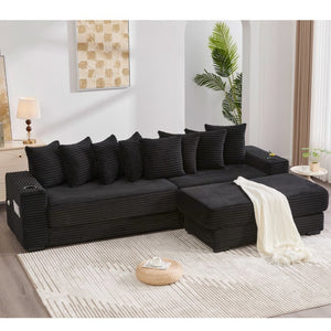 English Elm [new Arrived] Corduroy Modular Sectional Sofa with Sleeper Function Footstool and Cup Holders Black W2108S00128