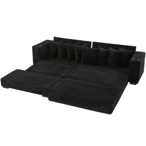 English Elm [new Arrived] Corduroy Modular Sectional Sofa with Sleeper Function Footstool and Cup Holders Black W2108S00128