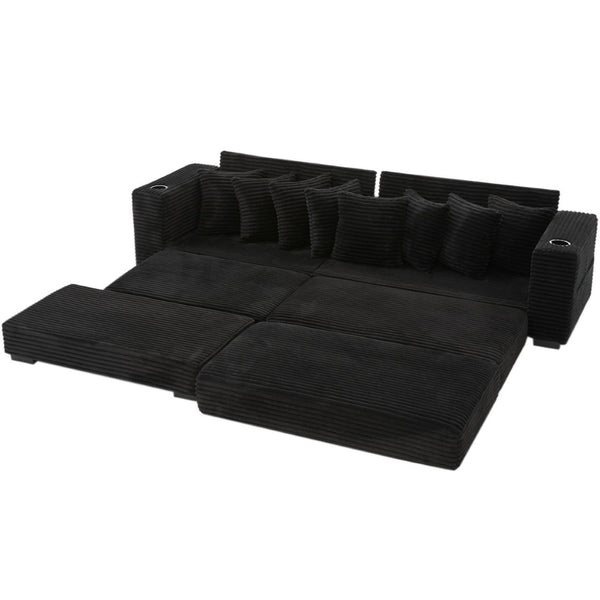 English Elm [new Arrived] Corduroy Modular Sectional Sofa with Sleeper Function Footstool and Cup Holders Black W2108S00128