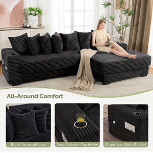 English Elm [new Arrived] Corduroy Modular Sectional Sofa with Sleeper Function Footstool and Cup Holders Black W2108S00128