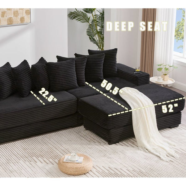 English Elm [new Arrived] Corduroy Modular Sectional Sofa with Sleeper Function Footstool and Cup Holders Black W2108S00128
