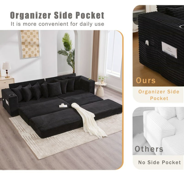 English Elm [new Arrived] Corduroy Modular Sectional Sofa with Sleeper Function Footstool and Cup Holders Black W2108S00128
