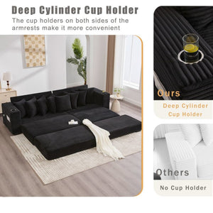 English Elm [new Arrived] Corduroy Modular Sectional Sofa with Sleeper Function Footstool and Cup Holders Black W2108S00128