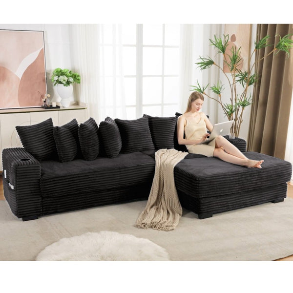English Elm [new Arrived] Corduroy Modular Sectional Sofa with Sleeper Function Footstool and Cup Holders Black W2108S00128