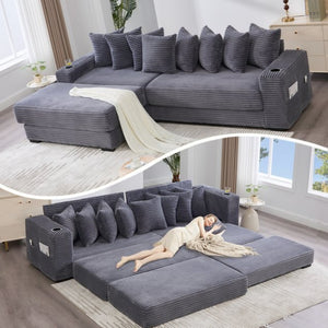 English Elm [new Arrived] Corduroy Modular Sectional Sofa with Sleeper Function Footstool and Cup Holders Dark Gray W2108S00129