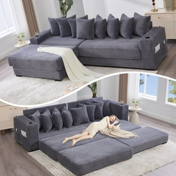 English Elm [new Arrived] Corduroy Modular Sectional Sofa with Sleeper Function Footstool and Cup Holders Dark Gray W2108S00129
