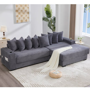 English Elm [new Arrived] Corduroy Modular Sectional Sofa with Sleeper Function Footstool and Cup Holders Dark Gray W2108S00129