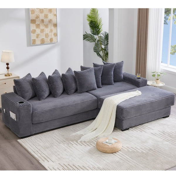 English Elm [new Arrived] Corduroy Modular Sectional Sofa with Sleeper Function Footstool and Cup Holders Dark Gray W2108S00129