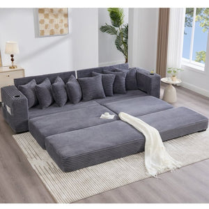 English Elm [new Arrived] Corduroy Modular Sectional Sofa with Sleeper Function Footstool and Cup Holders Dark Gray W2108S00129