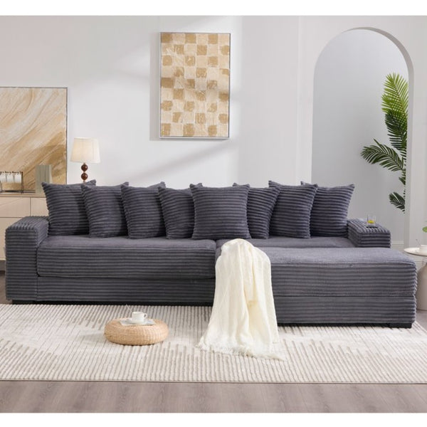 English Elm [new Arrived] Corduroy Modular Sectional Sofa with Sleeper Function Footstool and Cup Holders Dark Gray W2108S00129