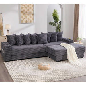 English Elm [new Arrived] Corduroy Modular Sectional Sofa with Sleeper Function Footstool and Cup Holders Dark Gray W2108S00129