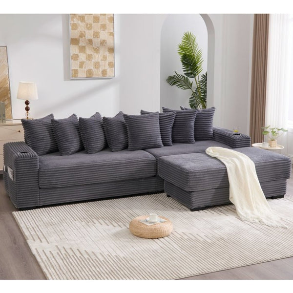 English Elm [new Arrived] Corduroy Modular Sectional Sofa with Sleeper Function Footstool and Cup Holders Dark Gray W2108S00129