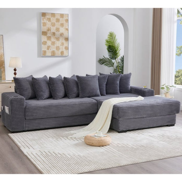English Elm [new Arrived] Corduroy Modular Sectional Sofa with Sleeper Function Footstool and Cup Holders Dark Gray W2108S00129