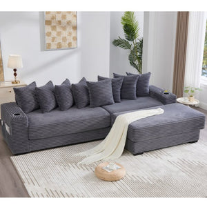 English Elm [new Arrived] Corduroy Modular Sectional Sofa with Sleeper Function Footstool and Cup Holders Dark Gray W2108S00129