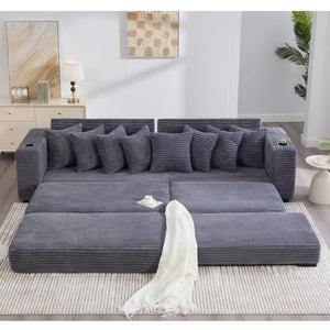 English Elm [new Arrived] Corduroy Modular Sectional Sofa with Sleeper Function Footstool and Cup Holders Dark Gray W2108S00129