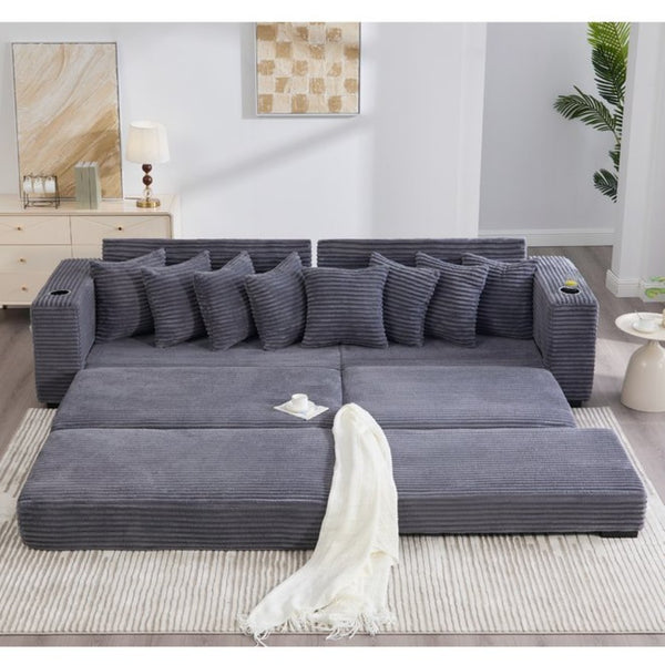 English Elm [new Arrived] Corduroy Modular Sectional Sofa with Sleeper Function Footstool and Cup Holders Dark Gray W2108S00129