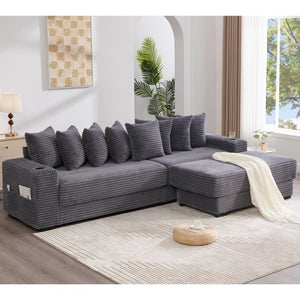 English Elm [new Arrived] Corduroy Modular Sectional Sofa with Sleeper Function Footstool and Cup Holders Dark Gray W2108S00129