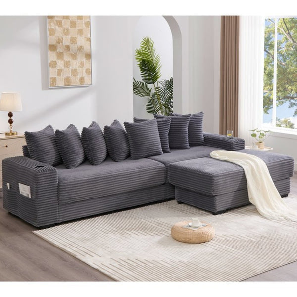 English Elm [new Arrived] Corduroy Modular Sectional Sofa with Sleeper Function Footstool and Cup Holders Dark Gray W2108S00129