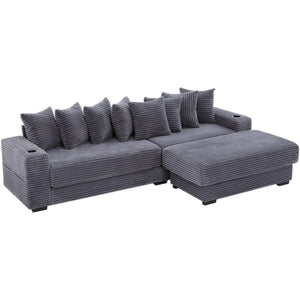 English Elm [new Arrived] Corduroy Modular Sectional Sofa with Sleeper Function Footstool and Cup Holders Dark Gray W2108S00129