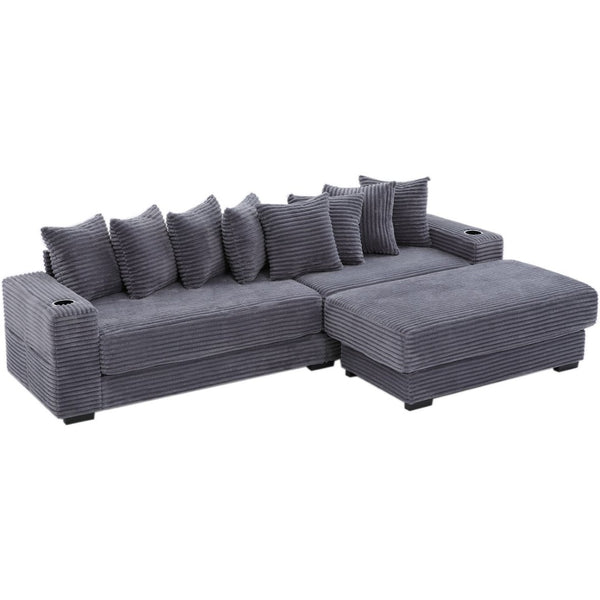 English Elm [new Arrived] Corduroy Modular Sectional Sofa with Sleeper Function Footstool and Cup Holders Dark Gray W2108S00129
