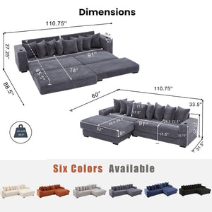 English Elm [new Arrived] Corduroy Modular Sectional Sofa with Sleeper Function Footstool and Cup Holders Dark Gray W2108S00129