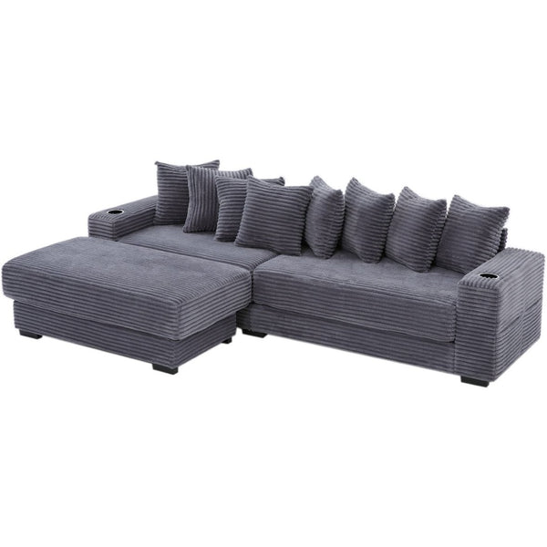 English Elm [new Arrived] Corduroy Modular Sectional Sofa with Sleeper Function Footstool and Cup Holders Dark Gray W2108S00129