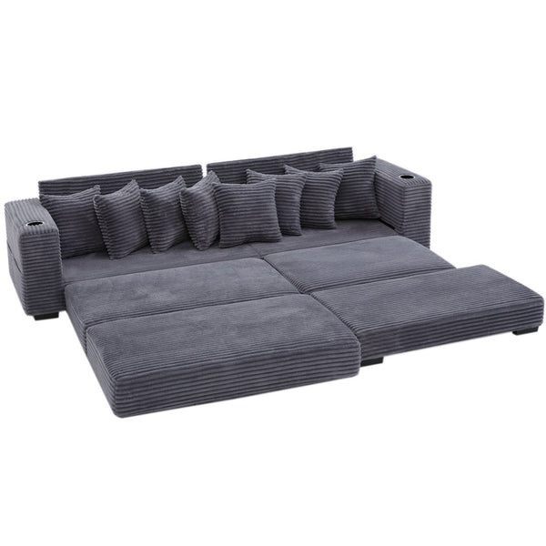 English Elm [new Arrived] Corduroy Modular Sectional Sofa with Sleeper Function Footstool and Cup Holders Dark Gray W2108S00129