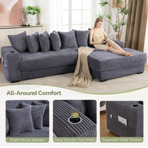 English Elm [new Arrived] Corduroy Modular Sectional Sofa with Sleeper Function Footstool and Cup Holders Dark Gray W2108S00129