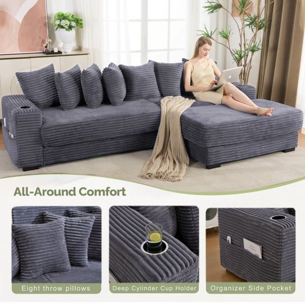 English Elm [new Arrived] Corduroy Modular Sectional Sofa with Sleeper Function Footstool and Cup Holders Dark Gray W2108S00129