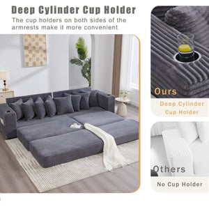 English Elm [new Arrived] Corduroy Modular Sectional Sofa with Sleeper Function Footstool and Cup Holders Dark Gray W2108S00129