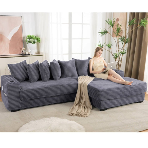 English Elm [new Arrived] Corduroy Modular Sectional Sofa with Sleeper Function Footstool and Cup Holders Dark Gray W2108S00129