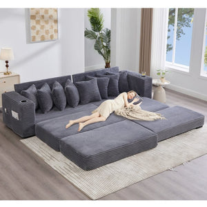 English Elm [new Arrived] Corduroy Modular Sectional Sofa with Sleeper Function Footstool and Cup Holders Dark Gray W2108S00129