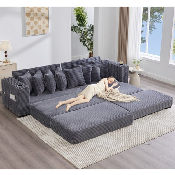 English Elm [new Arrived] Corduroy Modular Sectional Sofa with Sleeper Function Footstool and Cup Holders Dark Gray W2108S00129